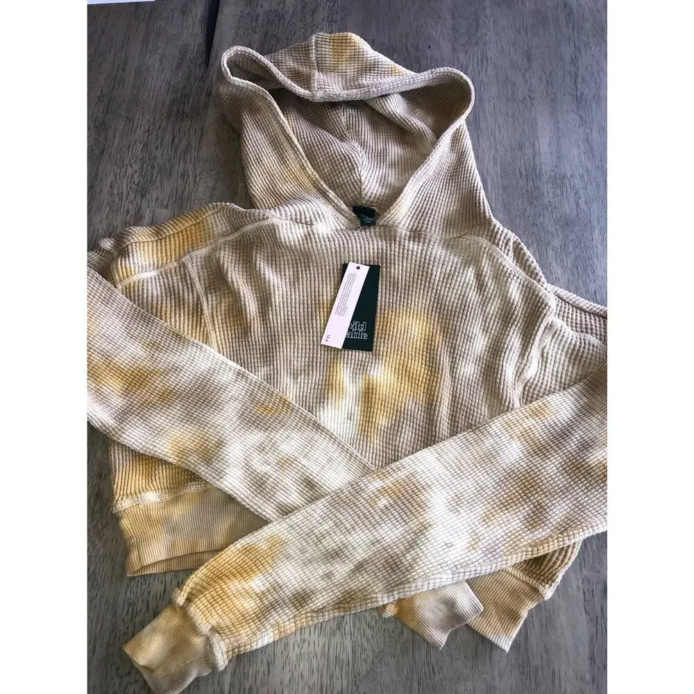 Wild Fable  Yellow and Tan Cropped Waffle Knit Thermal Hoodie - S - Picture 5 of 5